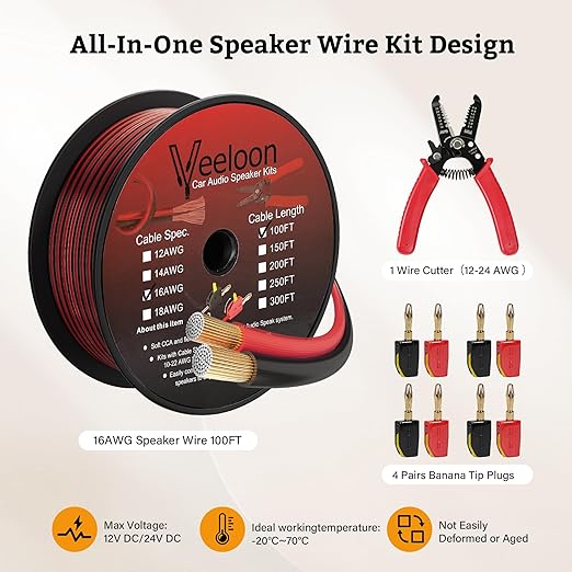 16AWG Speaker Wire 100 FT, 16/2 Gauge Audio Speaker Wire Kits with Cable Cutter Banana Plugs Tool, Polarity Marker, 2 Conductors Zipper Wire for Car Speakers Stereo, Home Theater, Surround Sound,CCA