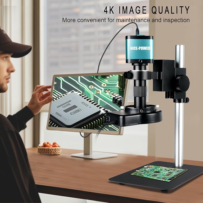 NICE-POWER Digital Microscope with Metal Base, 48MP 1080P HDMI/USB Industrial Magnifier, 150X Ultra-Precise Focusing Lens, LED Ring Light, Microscopes for Observation/Soldering/Electronic Repairs