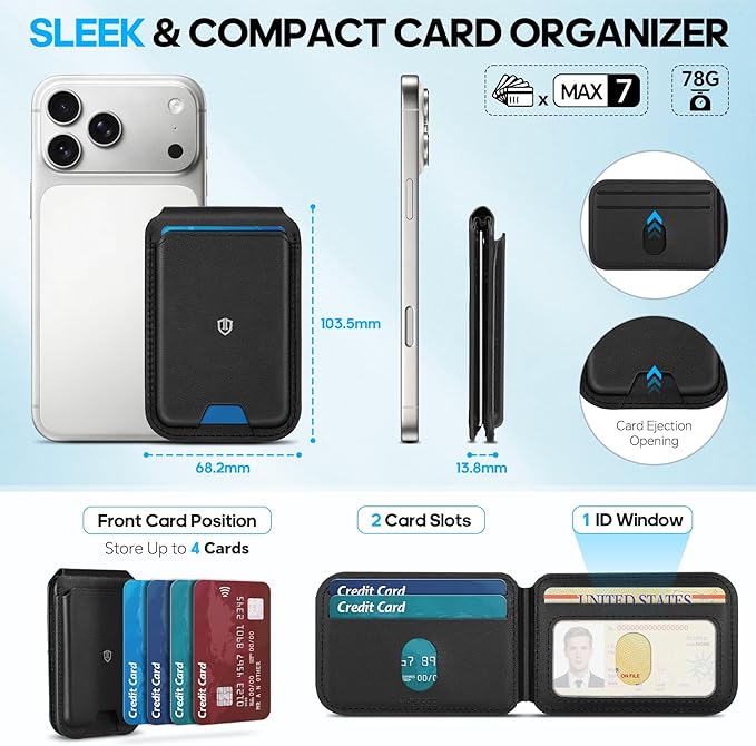 SHIELDON Genuine Leather Strong Magnetic Wallet for MagSafe, Phone Wallet Stand for Men Women, 6 Card Holders, Angle Adjustment, RFID Blocking, Compatible with iPhone 17/16/15/14/13/12 Series - Black