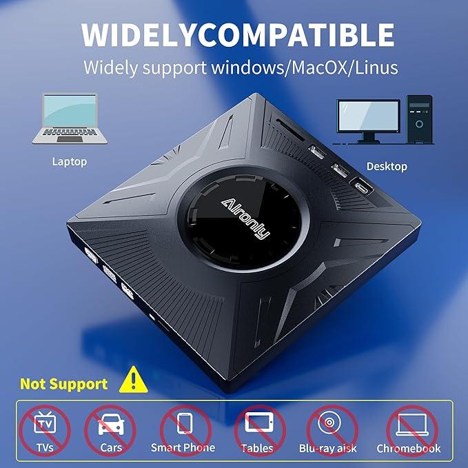 External CD/DVD Drive for Laptop/PC, USB 3.0 Type-C USB Portable Player for Computer CD DVD +/-RW Disk Drive CD Burner Writer Reader Compatible with Desktop Windows Apple (Multifunctional)