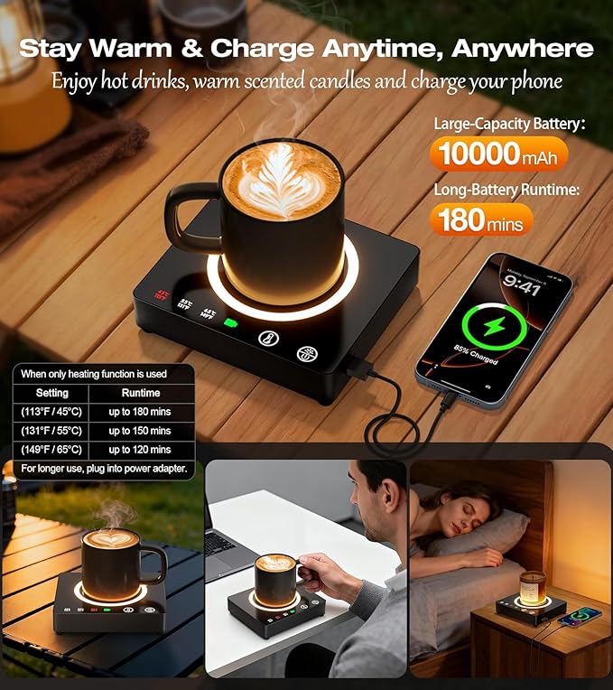 Mug Warmer Cordless 180 Min Battery Life - 10000mAh Portable Charger, Wireless Coffee Cup Warmer for Desk, 3 Temp Settings, Smart Candle Heat Plate for Home, Office, Travel, Camping & Gifts for Men