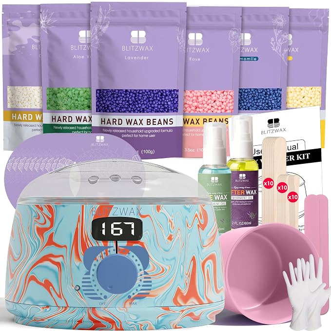 BLITZWAX Brazilian and Bikini Waxing Kit for Women, Hard Wax Warmer for Face, Legs and Body, At Home Hair Removal Kit, Beginner Friendly, Effective on Coarse Hair, Pool Swirl Design