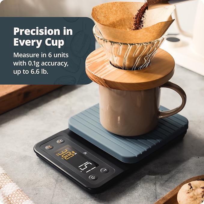 Greater Goods Coffee Scale with Timer, 0.1g Precision Digital Espresso & Pour Over Scale for Chemex, V60, Drip & Matcha Weighing, Waterproof Silicone Cover, 6.6lb Barista Brew Capacity (Stone Blue)