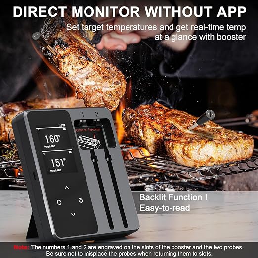 Wireless Meat Thermometer Digital Smart Bluetooth Meat Thermometer with 2 Meat Probes 656FT Food Thermometer for Cooking with Smart LCD Display for Turkey Beef Steak Chicken Rotisserie BBQ Oven Smoker