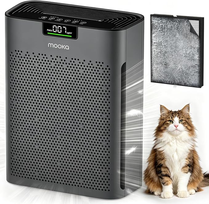 Air Purifier for Home Bedroom Large Room 2200 Ft², MOOKA H13 HEPA Air Cleaner with Washable Pre-filter, Air Quality Monitor, Air Purifiers for Pets Hair Smoke Pollen, Auto Mode, KJ190H Grey