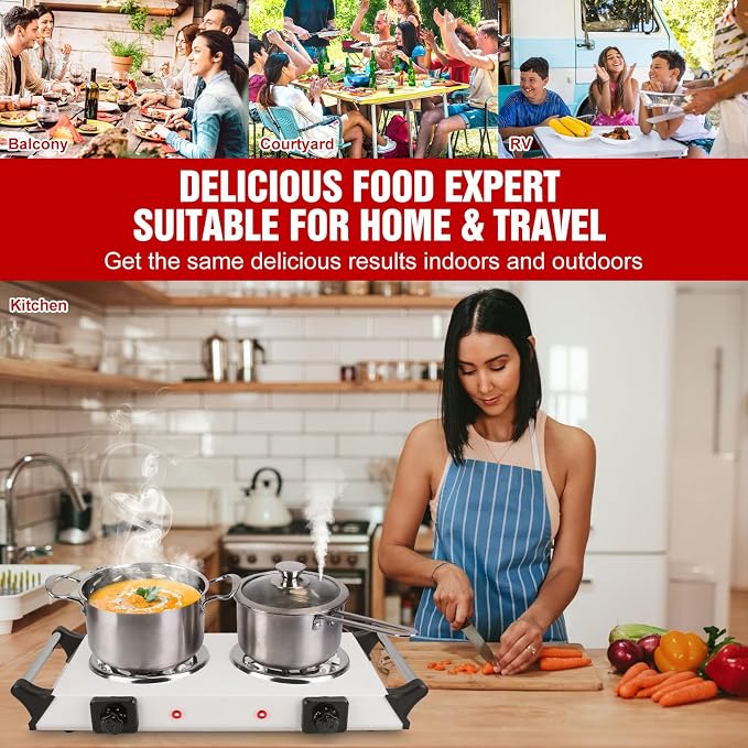 Moclever Hot Plate Electric Stove, 2000W Portable Cooking Stove w/Cooling Handle, 5 Levels of Adjustable Temperature, Countertop Burners Dual Coil Burner for Home RV Camping, Fits All Cookware
