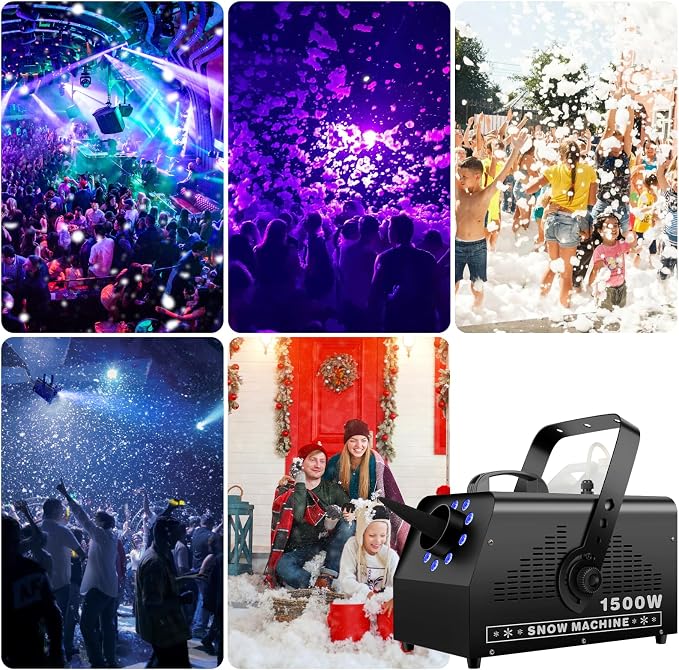 1500W Snow Machine: 9 LEDs Light - Wired & Wireless Remote Control- 7 Color Lights Effect - Snowflake Maker for Outdoor Party Wedding Stage Backyard Events