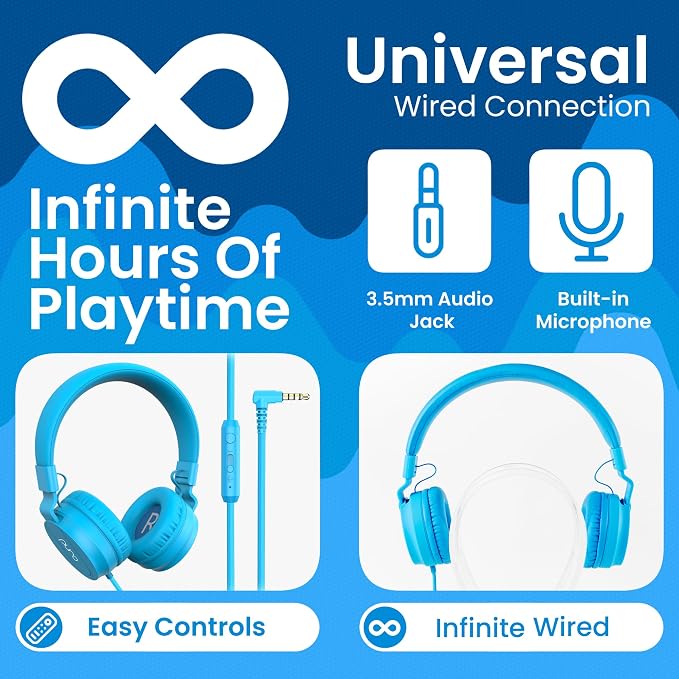 Puro Sound Labs Kids Wired Headphones – Volume-Limiting & Adjustable, Safer & Comfortable Headphones for Kids – Compatible with PCs, Smartphones & Tablets, Ideal for School & Travel – PuroBasic, Blue