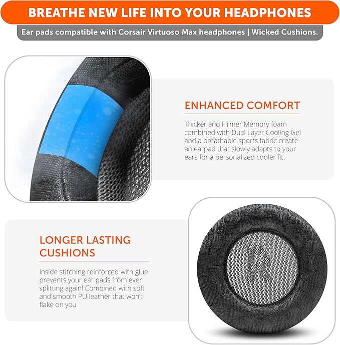 WC Freeze V2 Virtuoso Max - Cooling Gel Earpads for Corsair Virtuoso Max by Wicked Cushions | Extreme Comfort, New Freeze V2 Cooling Fabric, Extra Thick | Black