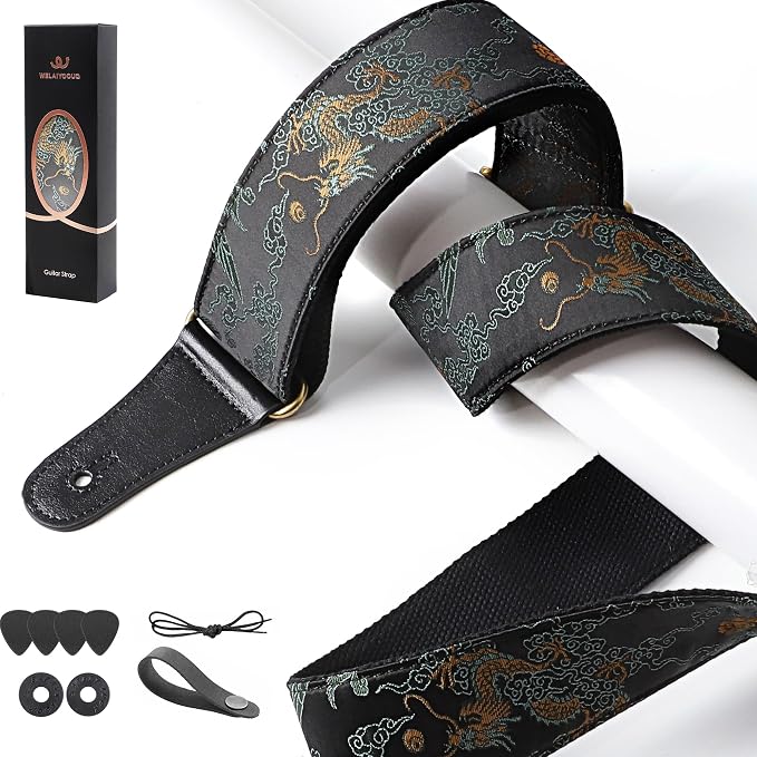 Guitar Strap, Electric& Acoustic Bass Guitar Straps,Embroidered Filament with Head Cowhide Leather Strap, with Free Strap Button,2 Guitar Strap Locks，4Guitar Pick (Golden Dragon)