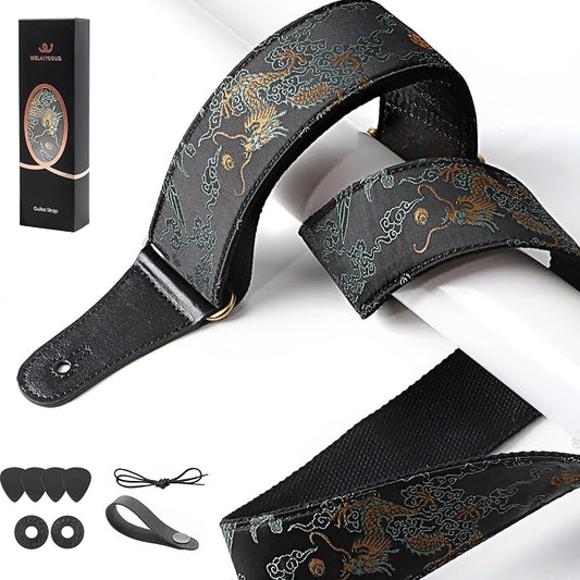 Guitar Strap, Electric& Acoustic Bass Guitar Straps,Embroidered Filament with Head Cowhide Leather Strap, with Free Strap Button,2 Guitar Strap Locks，4Guitar Pick (Golden Dragon)
