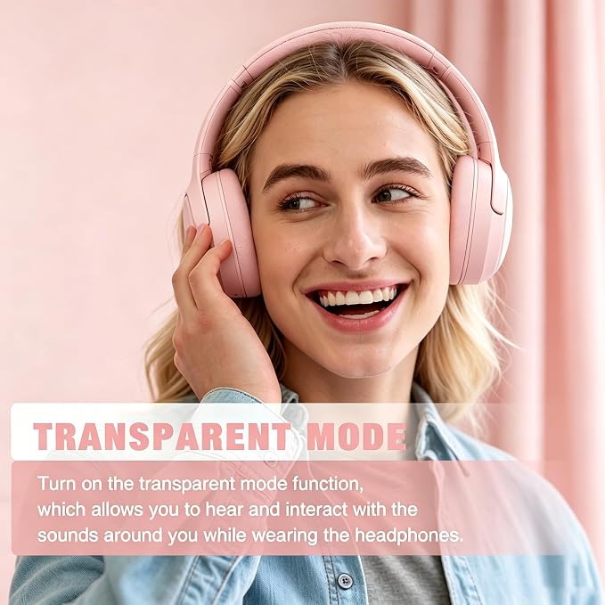 RUNOLIM Hybrid Active Noise Cancelling Headphones, Wireless Over Ear Bluetooth Headphones with Microphone, 100H Playtime, Foldable Headphone with HiFi Audio, Deep Bass for Home Travel Office（Pink）