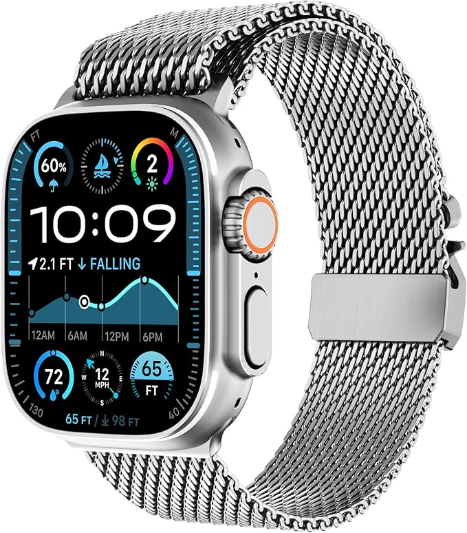 FULLIFE Milanese Mesh Loop for Apple Watch Band Apple Watch Ultra 3/2/1 Band 49mm 46mm 45mm 44mm Men Women, Stainless Steel Metal Band Parachute-style Buckle for iWatch Series 11 10 9 8 7 6 SE3 5 4 3