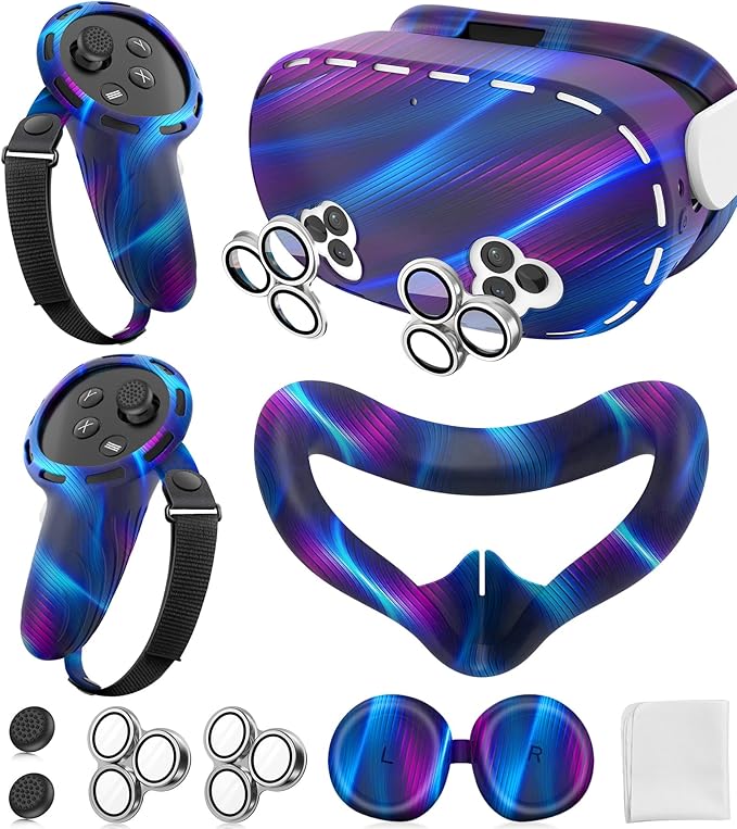 Silicone Cover Set Compatible with Meta/Oculus Quest 3s Accessories, Silicone Face Cover, Controller Grip Cover, Camera Lens Protector, VR Shell Cover, Protective Lens Cover, Not Fit Quest 3