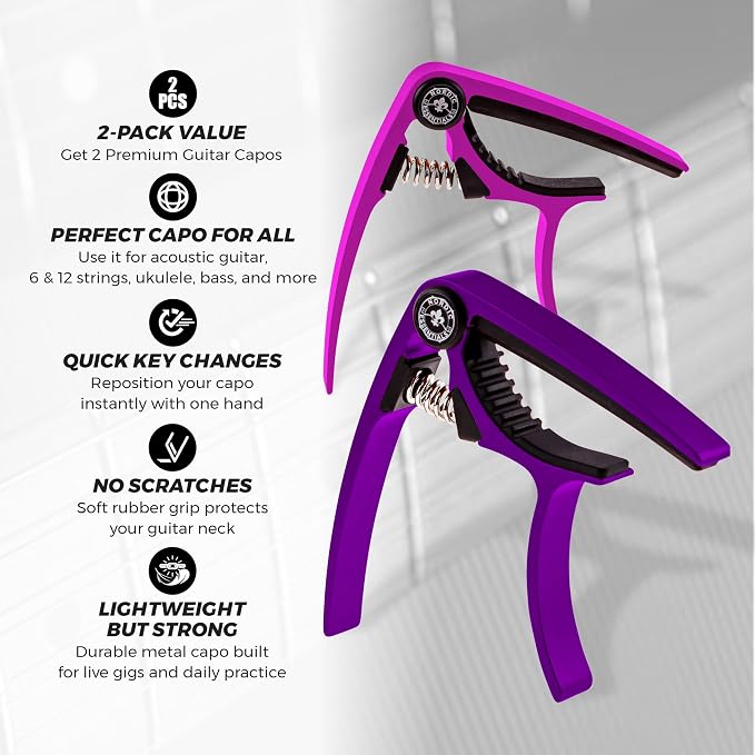 Guitar Capo (2 Pack) for Acoustic Guitars, Ukulele, Banjo, Mandolin, Bass - Made of Ultra Lightweight Aluminum Metal (1.2 oz!) for 6 & 12 String Instruments - Nordic Essentials (Pink+Purple)