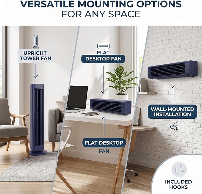 GOWENIC Tower Cooling Fan, 3 Gears Speed Adjustable USB Compact Standing Desk Fan, for Bedroom Office Desktop Wall Bedside Home (Blue)