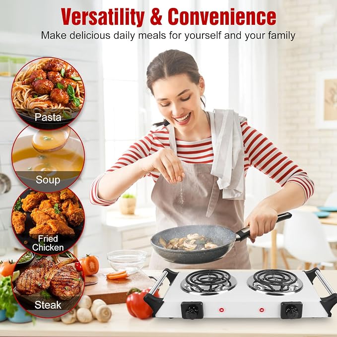 Moclever Hot Plate Electric Stove, 2000W Portable Cooking Stove w/Cooling Handle, 5 Levels of Adjustable Temperature, Countertop Burners Dual Coil Burner for Home RV Camping, Fits All Cookware