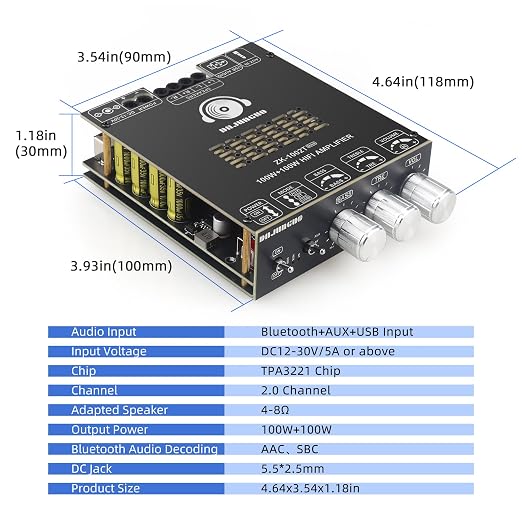 ZK-1002T Max 100W+100W Power Amplifier Board, 2.0 Channel Audio Power Amplifier,TPA3221 Chip with Bluetooth/AUX/USB Input Mode Selection Toggle Switch