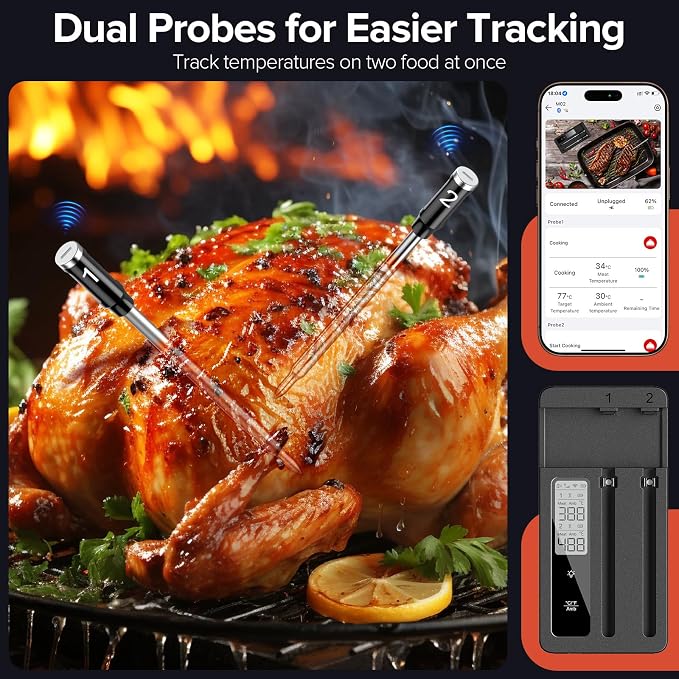 ROUUO Smart Wireless Meat Thermometer with Dual Probes - Advanced Bluetooth Cooking Thermometer for Perfect Grilling, Smoking, Oven Roasting & Air Frying, Long Range Monitoring & Smart Alerts（Black