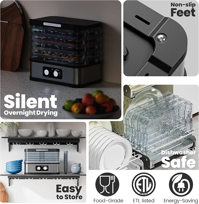 Compact Food Dehydrator Machine for Jerky & Fruit, 250W Small Food Dryer, 5 Stackable BPA-Free Trays with Temperature Control for Beef and Deer Jerky, Mushroom, Herbs & Pet Treats, 72H Max