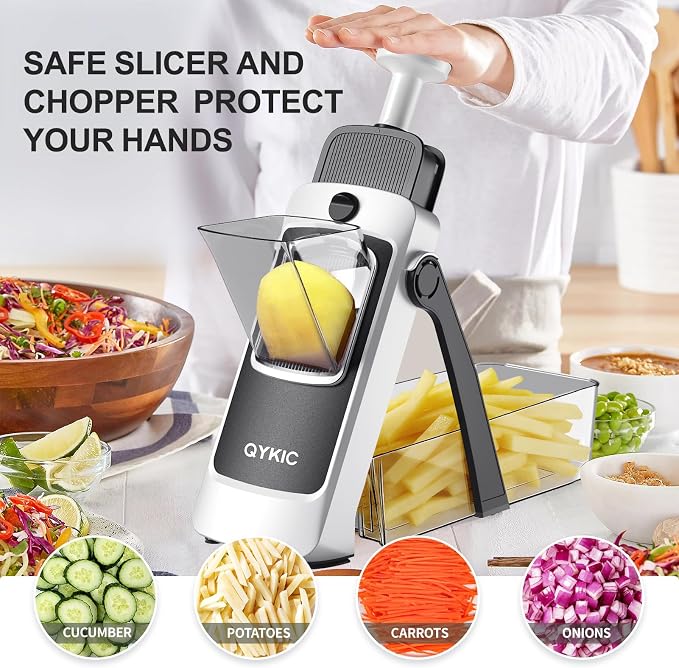 QYKIC Upgrade Safe Mandoline Slicer for Kitchen, Vegetable Chopper Slicer, Potato Slicer Thickness Adjuster, Veggie Onion Dicer for Quick Meal Prep (8 in 1 Gray)