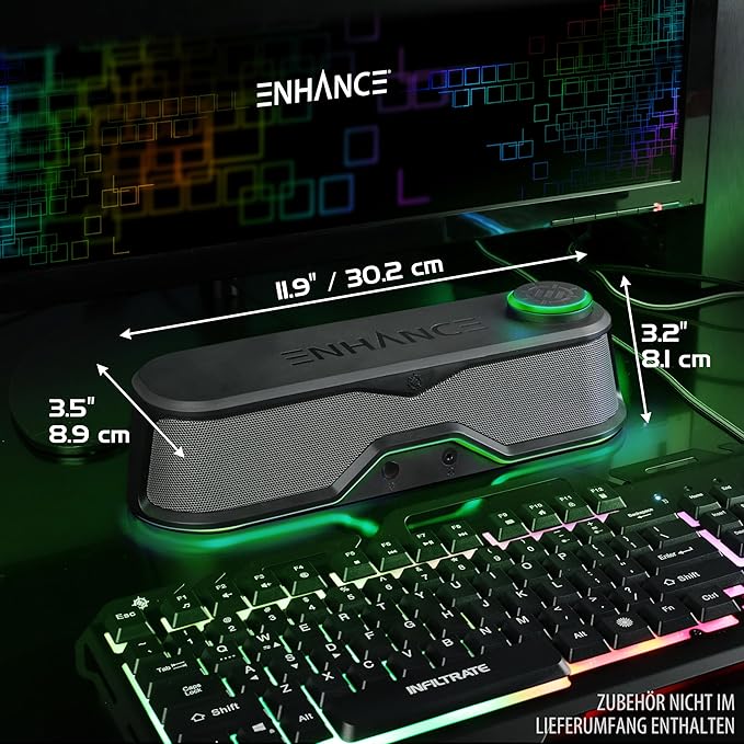 ENHANCE SB1 High Excursion Computer Soundbar - USB Powered Computer Speaker, Under Monitor Speaker with 10W Peak, LED Volume Control Knob, Headset Pass Through, Gaming Soundbar for PC