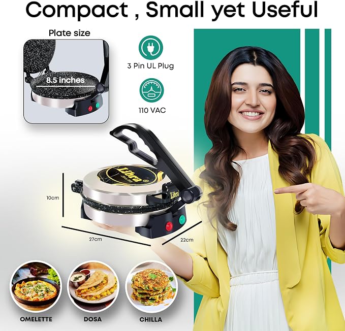 Libra Roti Maker Machine - Electric Tortilla Press with Non-Stick 8.5inch Plates and Durable Handle, Auto Temperature Control Chapati Maker Machine with Indicator Lights with 110V UL-Certified Plug