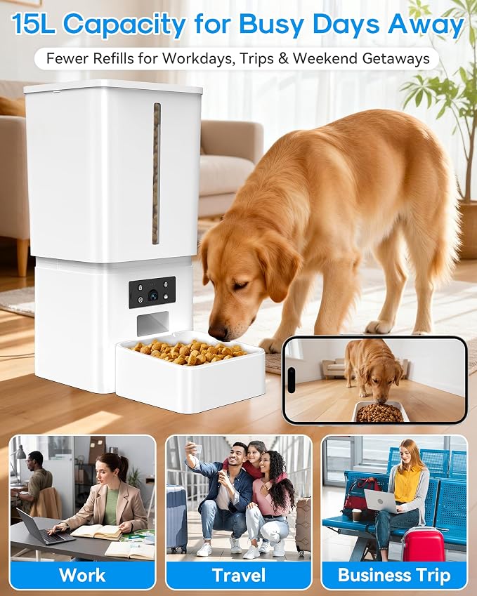 15L/63 Cups Automatic Dog Feeder for Large Breeds: Feeds for 18–25 Days, Anti-Clog Design for 2–23mm Kibble - Smart Dog Food Dispenser with HD Camera and Timer for Busy Pet Parents