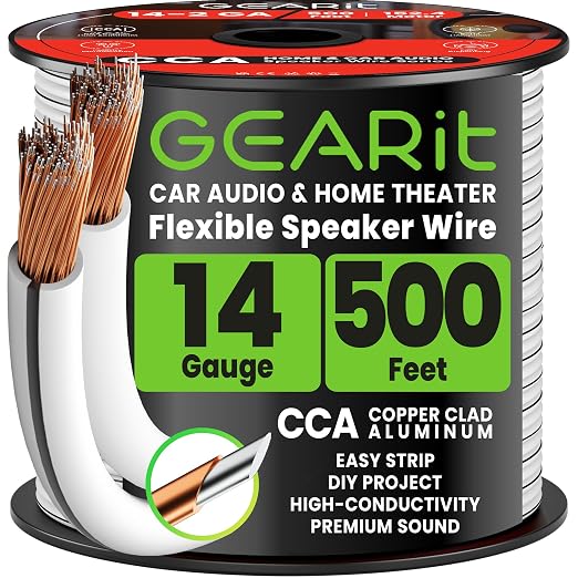 GEARit 14 Gauge Speaker Wire 500ft,Flexible Speaker Cable with Foot Markers & Polarity Markings,14 Gauge Wire for Car Audio & Home Theater Speakers,Audio Cable for DIY Installations,CCA(White)