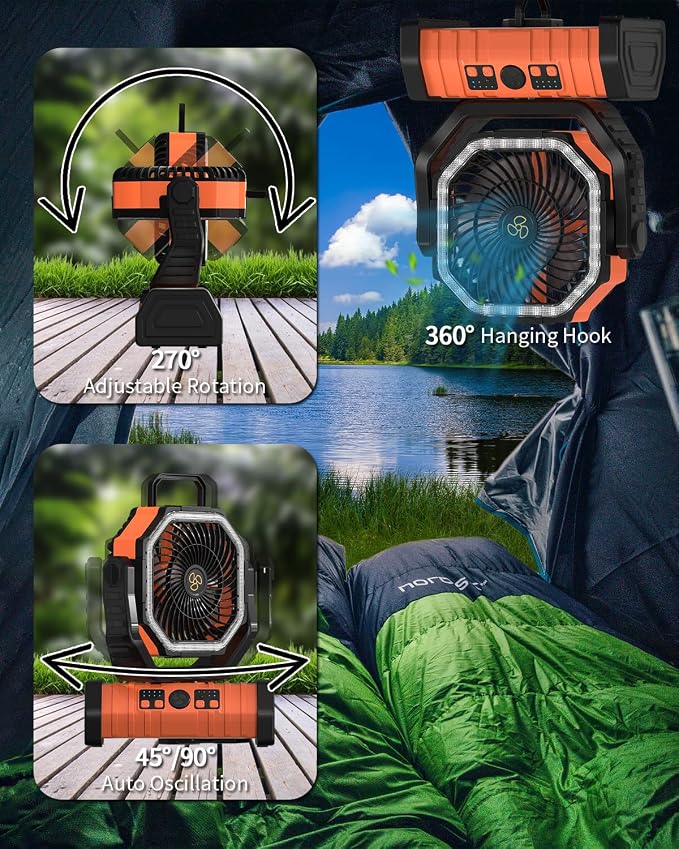 ADUST Camping Fan - 20000mAh Battery Powered Fan Battery Operated Rechargeable Portable Outdoor Tent Fans with Hanging Hook, Cordless, 4 Speeds, Remote Control - Orange