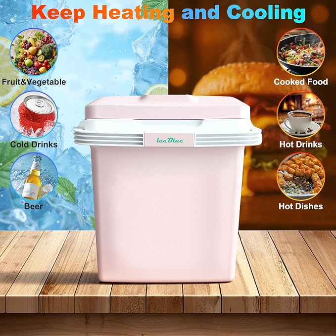 Iceblue Electric Cooler, 26 Liters/28 Cans Mini Fridge with Automatic Locking Handle, 120V AC Home Power Cord & 12V Car Adapter Car Refrigerator, Car Fridge for Home, Car, Gift - Pink