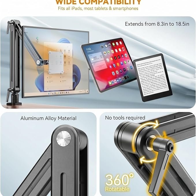 Portable Monitor Holder Mount Arm with Strong Magnetic 360° Rotating Base Bearing Over 5LBS Compatible with 12.9/14.6/15.6/17.3/18.5 inch iPad Pro/Mini/Air/Surface/Samsung