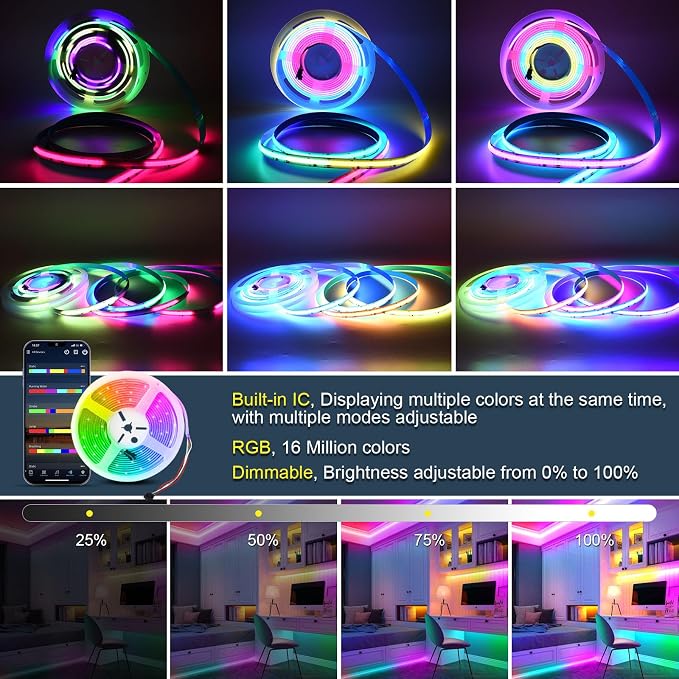 RGB Smart IC COB Led Strip Light 16.4ft/5M, 24V COB Led Strip 12mm Width, 3600LEDs, Color Chasing Addressable Flexible Led Tape Light for TV Backlight, Room Decor(Without Controller&Adapter)