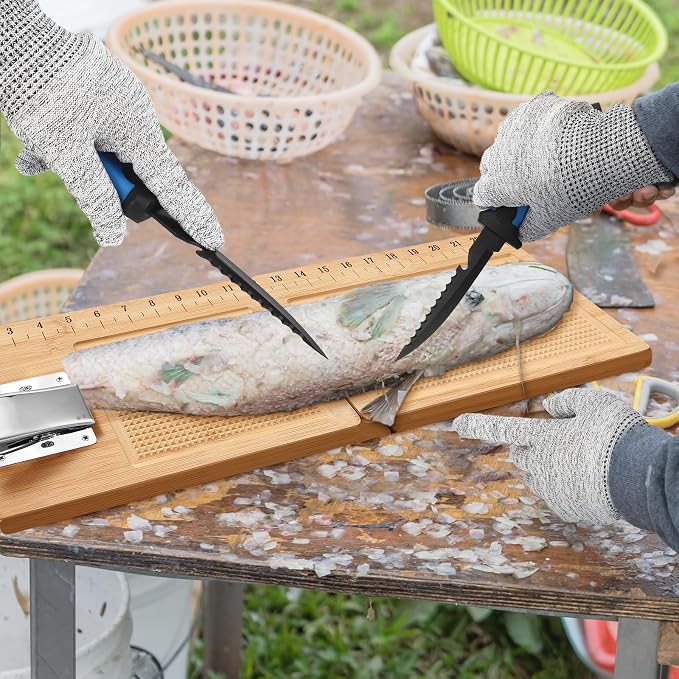 6 Pcs Fish Cleaning Kit Include Cutting Board Fish Fillet Boards with Clamp 2 Knife Cut Resistant Gloves Scale with Built in Measuring Tape Sharpening Rod(Foldable)