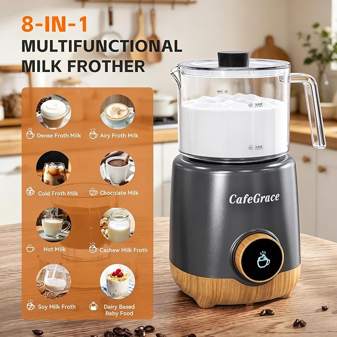 8 in 1 Milk Frother and Steamer, 20 oz Large Capacity, 550 Watts, Fast Froth Whip Creamy, Automatic Warm and Cold Foam Frother for Coffee, Latte, Macchiato, Cappuccino, Hot Chocolate