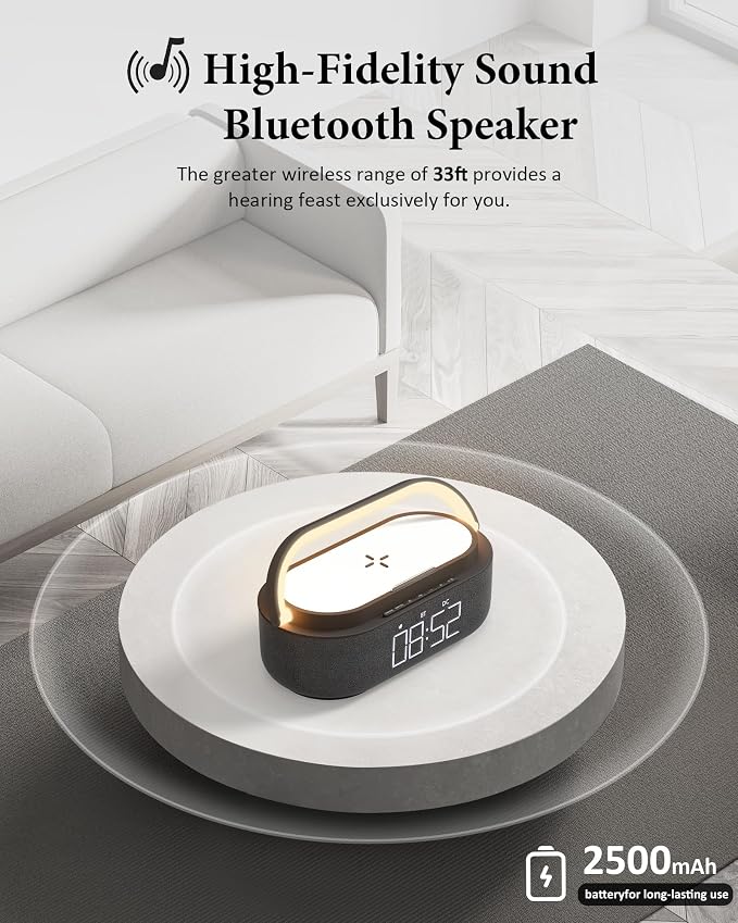 COLSUR Bluetooth Speaker with Wireless Charger, FM Radio, Dimmable LED Night Light, Stereo Sound Dual Wireless Speakers, 2500mAh Portable Speaker for Home Decoration, Bedroom, Office, Gift
