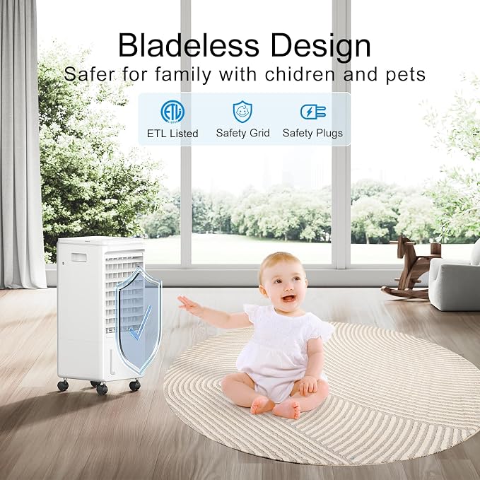 Portable Air Conditioner, Windowless Ac Fan for Room Bedroom Indoor 1.85 Gal Water Tank, 3 Speeds, 80°Oscillation,