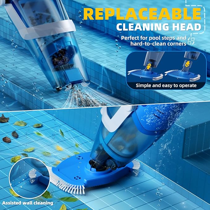 Cordless Pool Vacuum Above & Inground Pools, Powerful 1590 GPH Suction,Handheld Telescopic Pole up to 85.45", 1H Runtime, 2L Debris Bin, Rechargeable Pool Cleaner for Spas & Hot Tubs