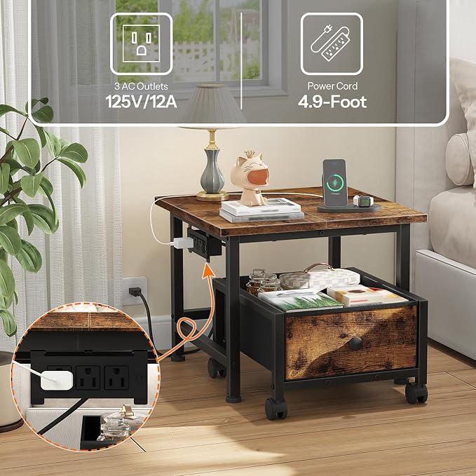 HOOBRO Mini Fridge Stand with Non-Woven Storage Basket and Power Outlet, Mini Fridge Cabinet with Wheels and Adjustable Feet, Mobile Fridge Shelf, for Home, Apartment, Dorm, Rustic Brown FB355UBX01