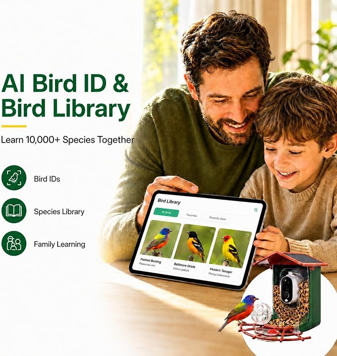 Bird Feeder with Camera, 2K HD 147° Wide Angle, Live View, Solar Powered, IP65 Outdoor, 2.4GHz Wi-Fi, Night Vision, Motion Alerts, Local Storage, AI Bird ID 10,000+ Species, Family Sharing