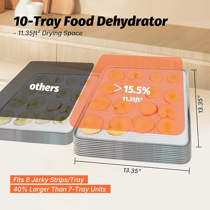 CLIVIA Commercial Food Dehydrator, 10 Stainless Steel Trays, Food Dryer Dehydrator Machine, 194°F Temp. Control, 24H Timer, for Dogs Treats, Meat, Fruits, Viggies, Herbs
