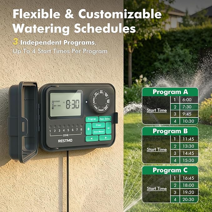 RESTMO Remote Control 8-Station Swing Panel Sprinkler System Timer, Outdoor Sprinkler Controller with Rain Delay/Manual/Automatic Watering System, Digital Irrigation for Yard, Lawn & Garden