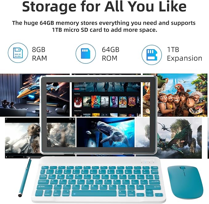 Android 14 Tablet 2 in 1 Tablets 10 Inch Tablet with Keyboard Mouse Case Protective Stylus 10.1" Tab 8GB+64GB Support 1TB Expansion 2MP+8MP Dual Camera 6000mAh Battery Bluetooth WIFI-6 Android Tableta