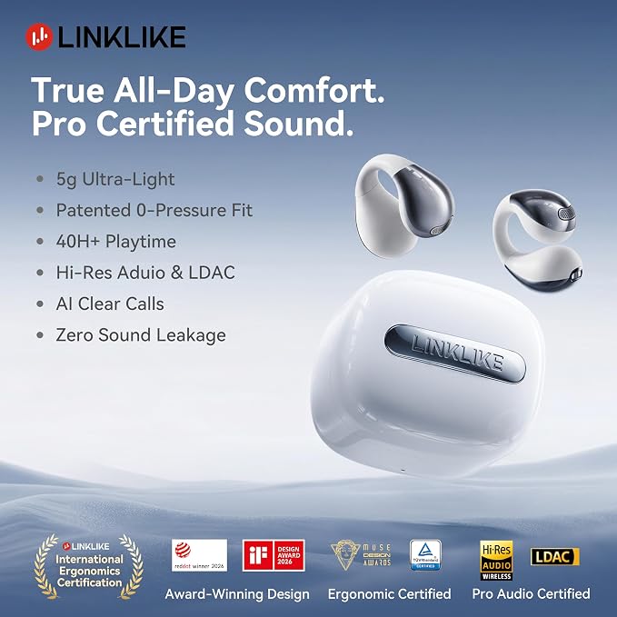 Linklike Most Comfortable Open Ear Clip-on Earbuds [Patented Zero Pressure & Top Hi-Fi] Hi-Res LDAC, 40H+ Battery, AI Clear Calls & No Sound Leakage, Ultralight 5g Fit for All Ears, Ideal Gifts-White
