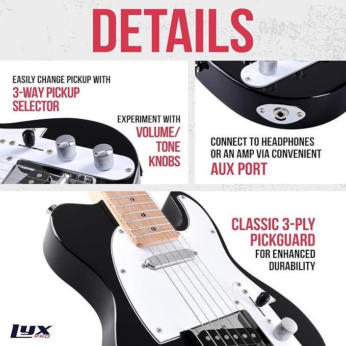 LyxPro 30” Electric Guitar TL Series, Full-Size Paulownia Wood Body, 3-Ply Pickguard, C-Shape Neck, Ashtray Bridge, Quality Gear Tuners, 3-Way Switch & Volume/Tone Controls, 2 Picks Included, Black