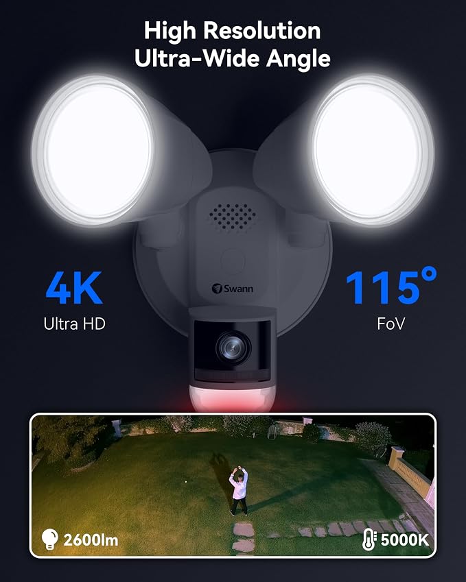 Swann Wi-Fi 4K UHD Security Camera, Surveillance & Security Cameras with Night Vision, Waterproof Motion Activated FloodLight,Wide 115 Degree Viewing, Dimmable 2600 Lumens, Heat Sensing, 2-Way Talk
