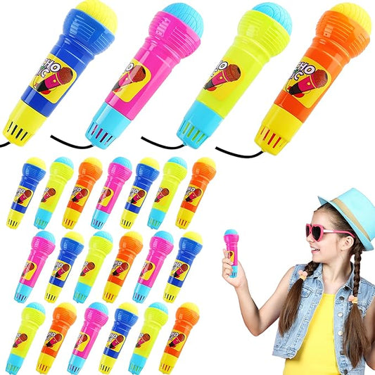 24 Pack 7.5 Inch Echo Microphone Toy Plastic Battery-Free Fun Voice Amplifying Karaoke Mic Toys for Kids Speech Therapy Toys Birthday Karaoke Party Gifts, 4 Colors