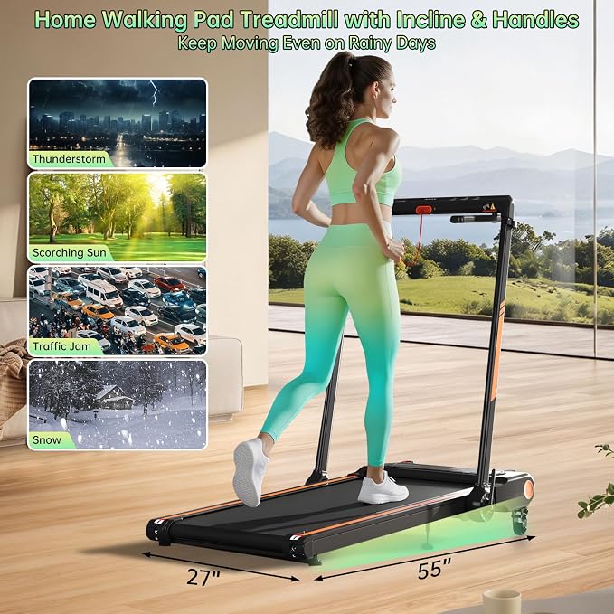 Walking Pad with Incline and Handle Bar, 3.0HP Electric Protable Mini Walking Pad Treadmills for Home Small Space, Small Treadmill for Exercising, 0.6-7.6MPH, 350LB Capacity