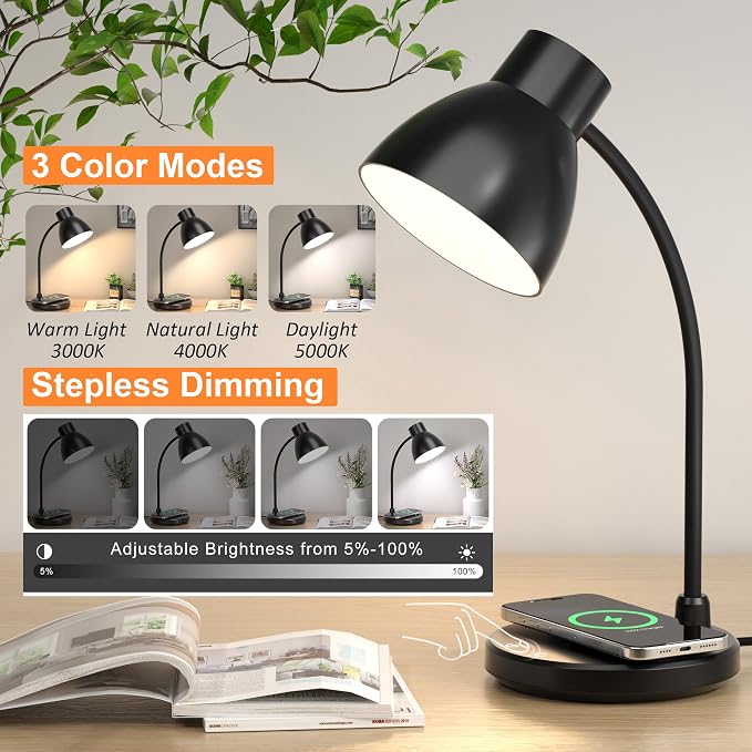 Desk Lamps for Home Office - LED Desk Lamp with Wireless Charger, 3 Color Modes Dimmable Eye-Caring Study Reading Desk Light, Small Flexible Arm Table Lamp for College Dorm Room Bedside, Black