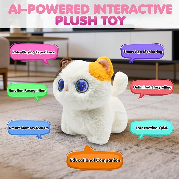 Contixo AI Pixie-Paw Smart Interactive Plush Cat – Voice-Responsive, Touch-Activated, Expressive Eyes, AI Companion Stuffed Animal for Kids & Pet Lovers, White